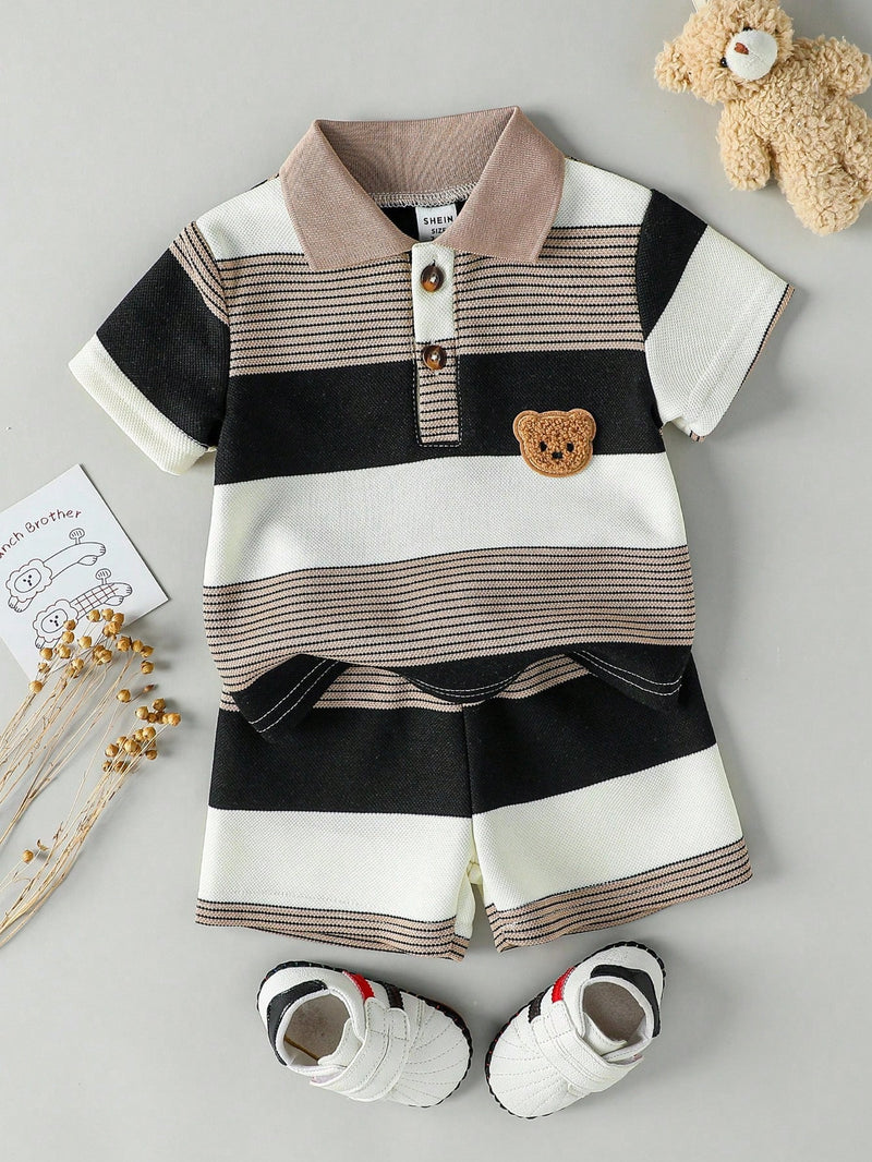Souflis Souflis Conjunto de Bebê Menino Infantil Casual e Adorável com Camisa Polo de Manga Curta Listrada e Shorts, com Bordado de Urso, Adequado para o Verão