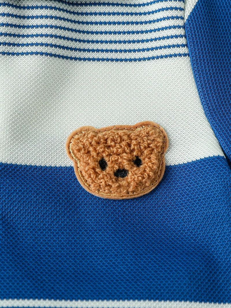 Souflis Souflis Conjunto de Bebê Menino Infantil Casual e Adorável com Camisa Polo de Manga Curta Listrada e Shorts, com Bordado de Urso, Adequado para o Verão