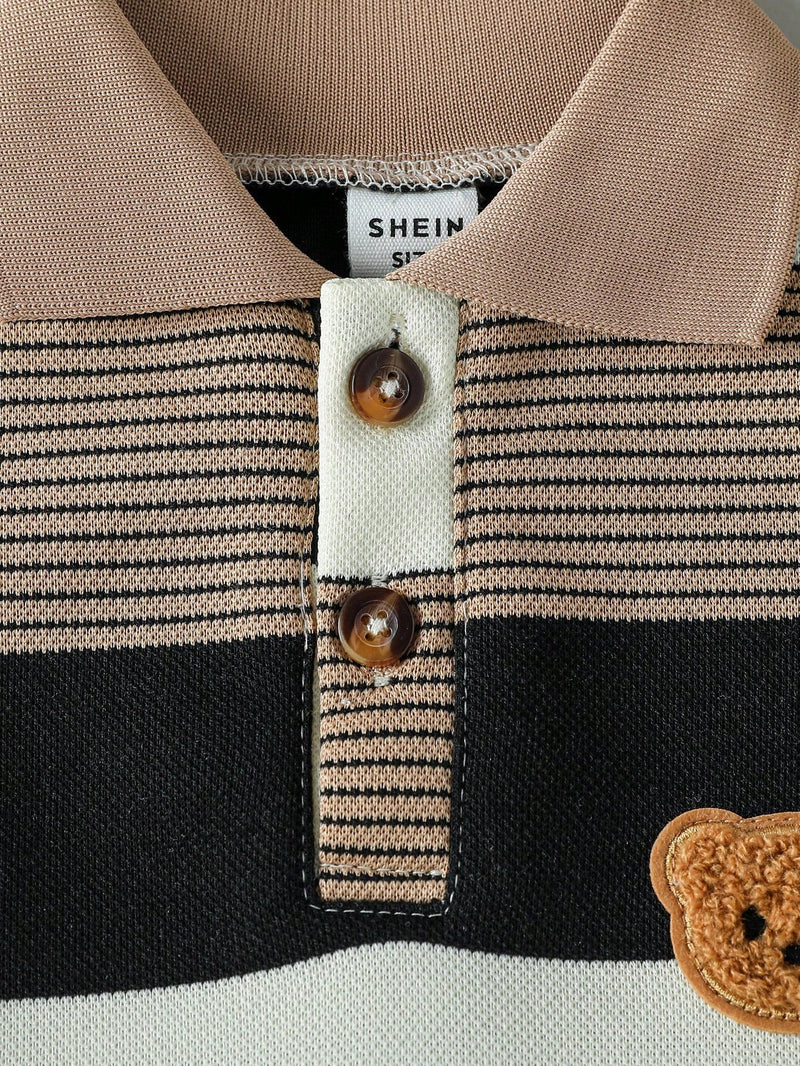 Souflis Souflis Conjunto de Bebê Menino Infantil Casual e Adorável com Camisa Polo de Manga Curta Listrada e Shorts, com Bordado de Urso, Adequado para o Verão