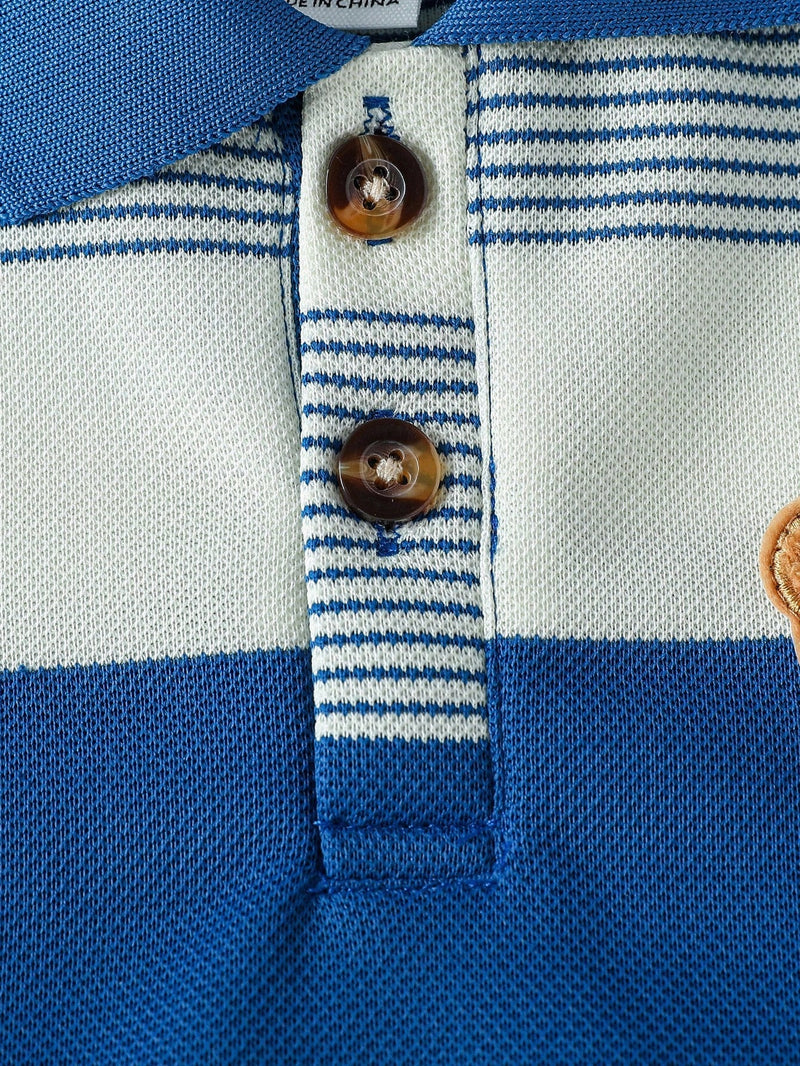 Souflis Souflis Conjunto de Bebê Menino Infantil Casual e Adorável com Camisa Polo de Manga Curta Listrada e Shorts, com Bordado de Urso, Adequado para o Verão