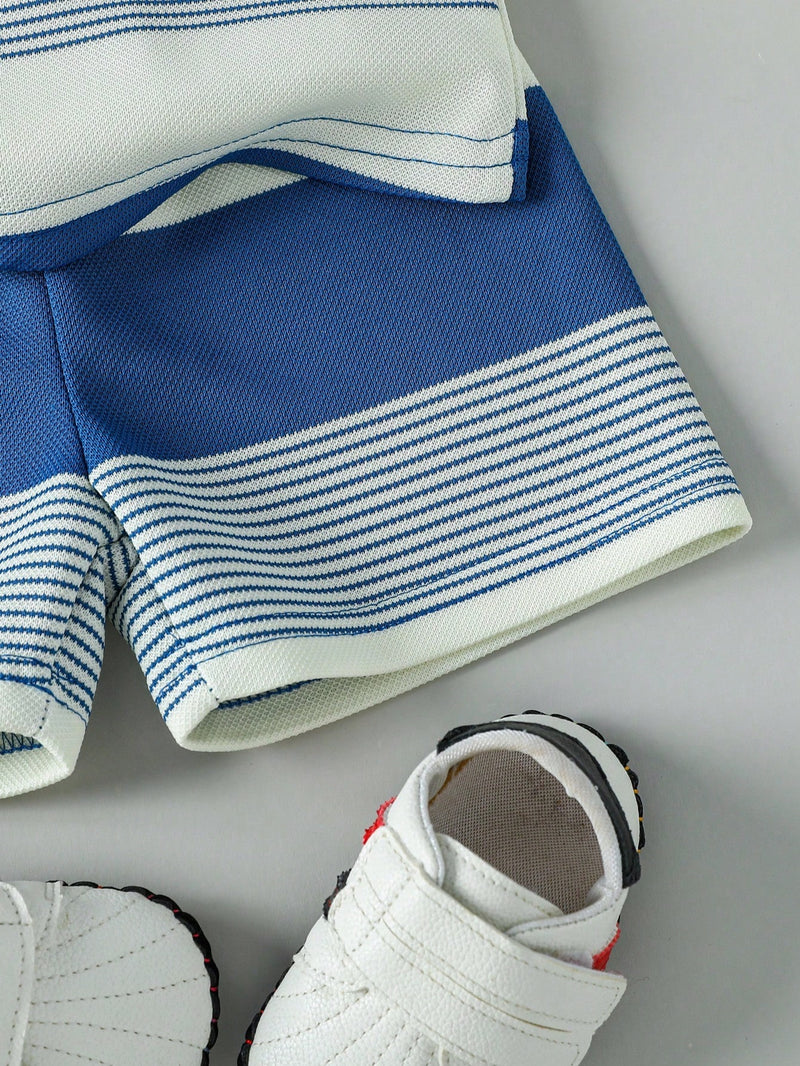 Souflis Souflis Conjunto de Bebê Menino Infantil Casual e Adorável com Camisa Polo de Manga Curta Listrada e Shorts, com Bordado de Urso, Adequado para o Verão