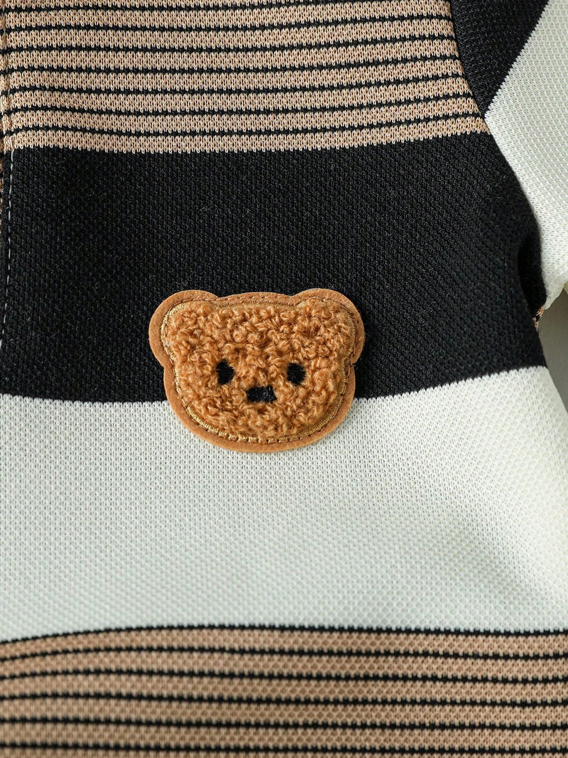 Souflis Souflis Conjunto de Bebê Menino Infantil Casual e Adorável com Camisa Polo de Manga Curta Listrada e Shorts, com Bordado de Urso, Adequado para o Verão