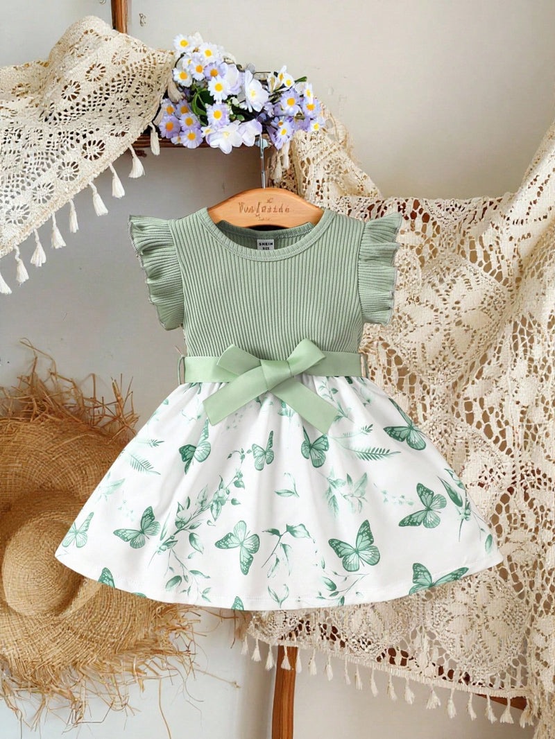 Vestido Fofo Casual e Romântico de Borboleta com Cinto Estampado com Padrão Diário Básico para Bebê Menina, Adequado para Passeios