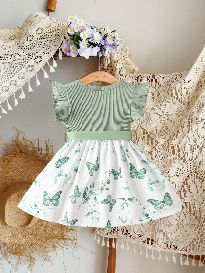 Vestido Fofo Casual e Romântico de Borboleta com Cinto Estampado com Padrão Diário Básico para Bebê Menina, Adequado para Passeios