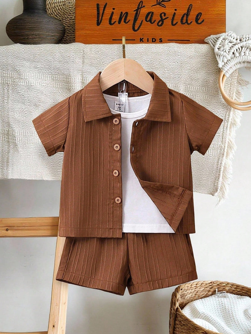 Bebê Menino Sólido Botão Frontal Camiseta & Shorts Sem Camiseta