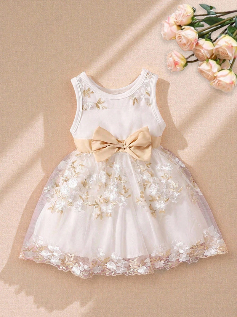 Souflis Souflis Garotas Bordado Floral Sobreposição De Malha Frente De Arco Vestido