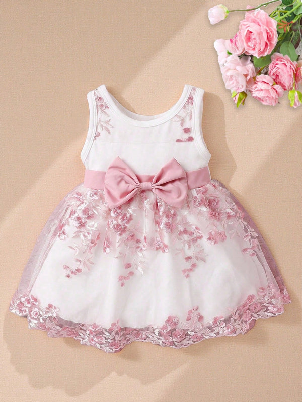 Souflis Souflis Garotas Bordado Floral Sobreposição De Malha Frente De Arco Vestido