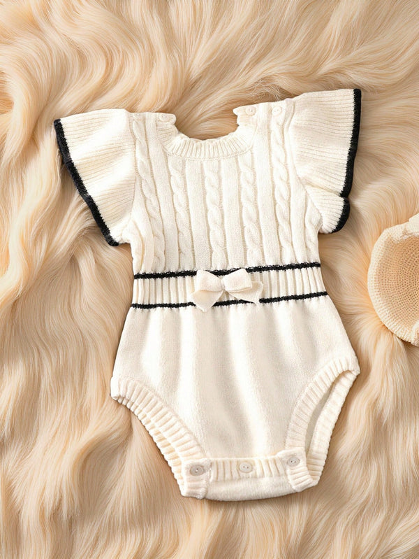 Souflis Souflis Macaquinho de Tricô para Bebê Menina, Gola de Renda Floral de Pescoço Careca Trançado, Manga Bufante Listrada em Preto e Branco com Laço, Macio e Confortável, Adequado para Uso Diário, Passeios, Viagens, Férias, Casa, Creche, Escola