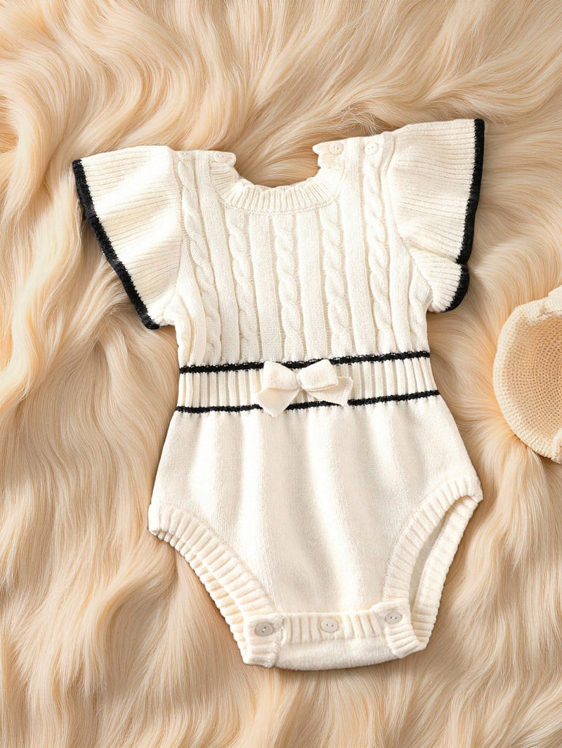 Souflis Souflis Macaquinho de Tricô para Bebê Menina, Gola de Renda Floral de Pescoço Careca Trançado, Manga Bufante Listrada em Preto e Branco com Laço, Macio e Confortável, Adequado para Uso Diário, Passeios, Viagens, Férias, Casa, Creche, Escola
