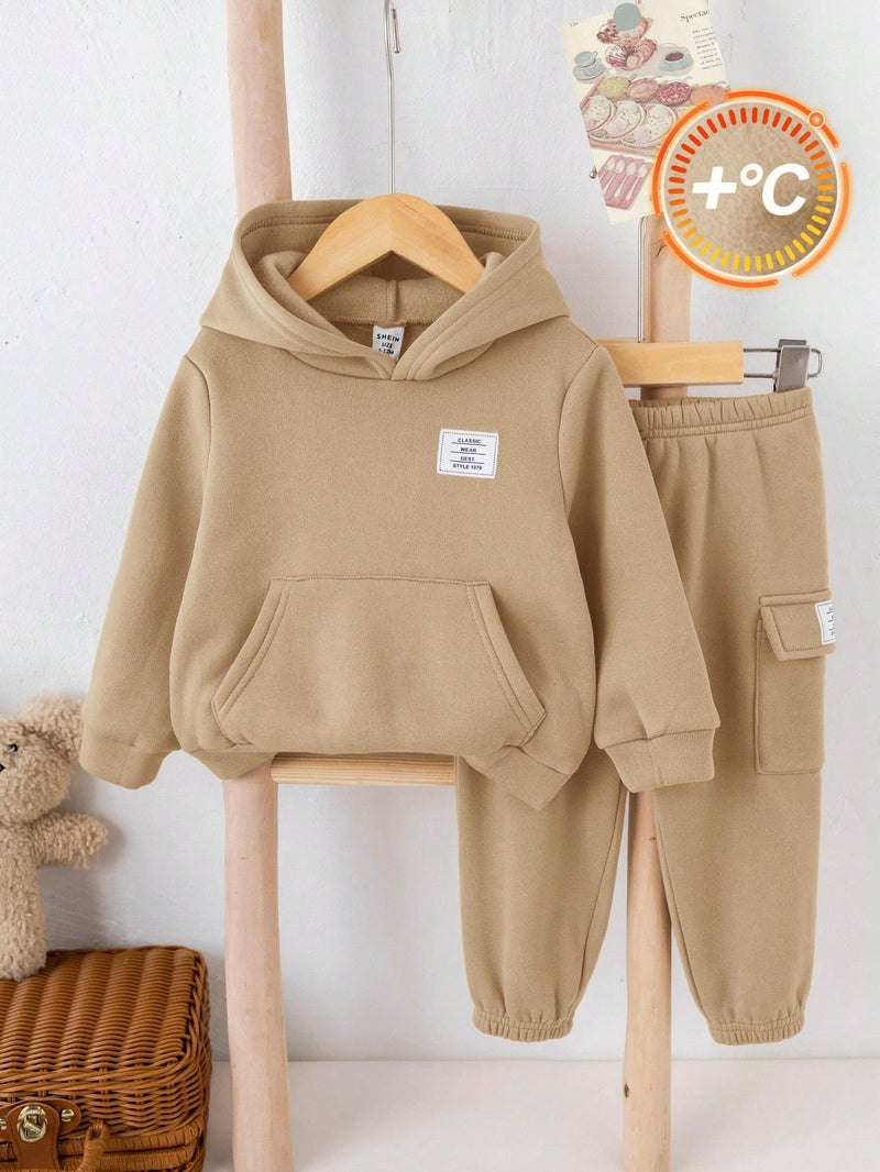 2 Peças Conjunto de Bebê Menino, Moletom com Capuz e Estampa de Letra Casual e Calça Longa de Cintura Elástica, Adequado para Outono/Inverno