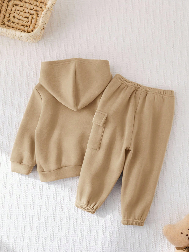 2 Peças Conjunto de Bebê Menino, Moletom com Capuz e Estampa de Letra Casual e Calça Longa de Cintura Elástica, Adequado para Outono/Inverno