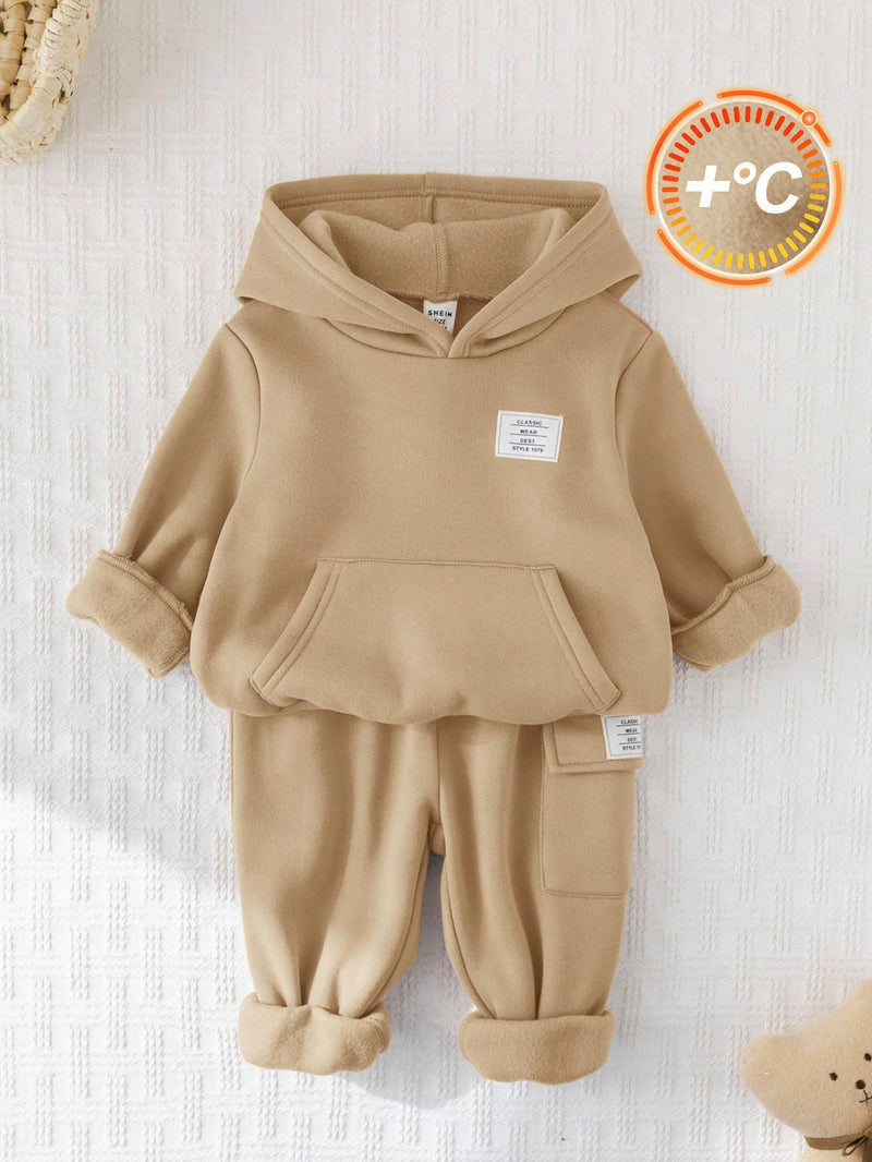 2 Peças Conjunto de Bebê Menino, Moletom com Capuz e Estampa de Letra Casual e Calça Longa de Cintura Elástica, Adequado para Outono/Inverno