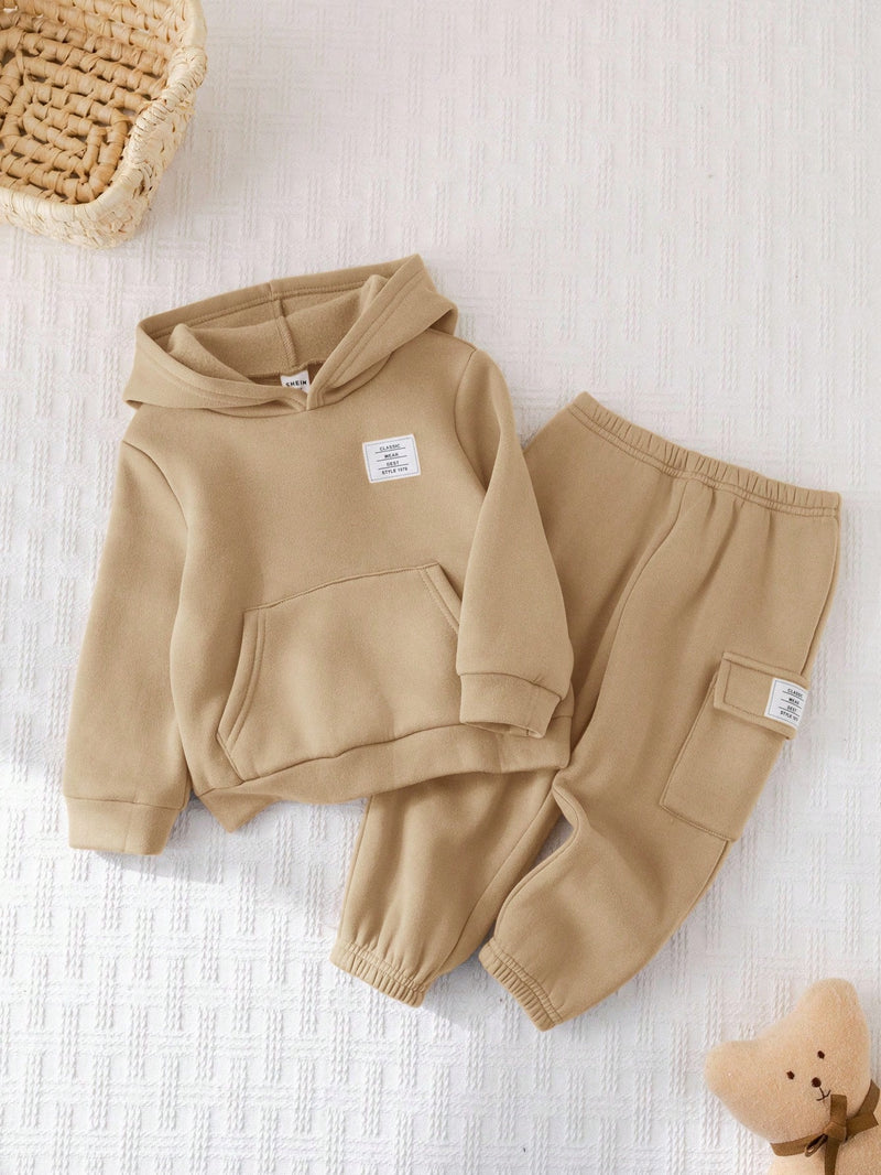2 Peças Conjunto de Bebê Menino, Moletom com Capuz e Estampa de Letra Casual e Calça Longa de Cintura Elástica, Adequado para Outono/Inverno