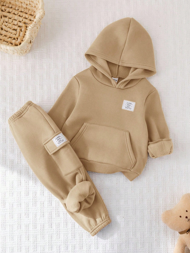2 Peças Conjunto de Bebê Menino, Moletom com Capuz e Estampa de Letra Casual e Calça Longa de Cintura Elástica, Adequado para Outono/Inverno