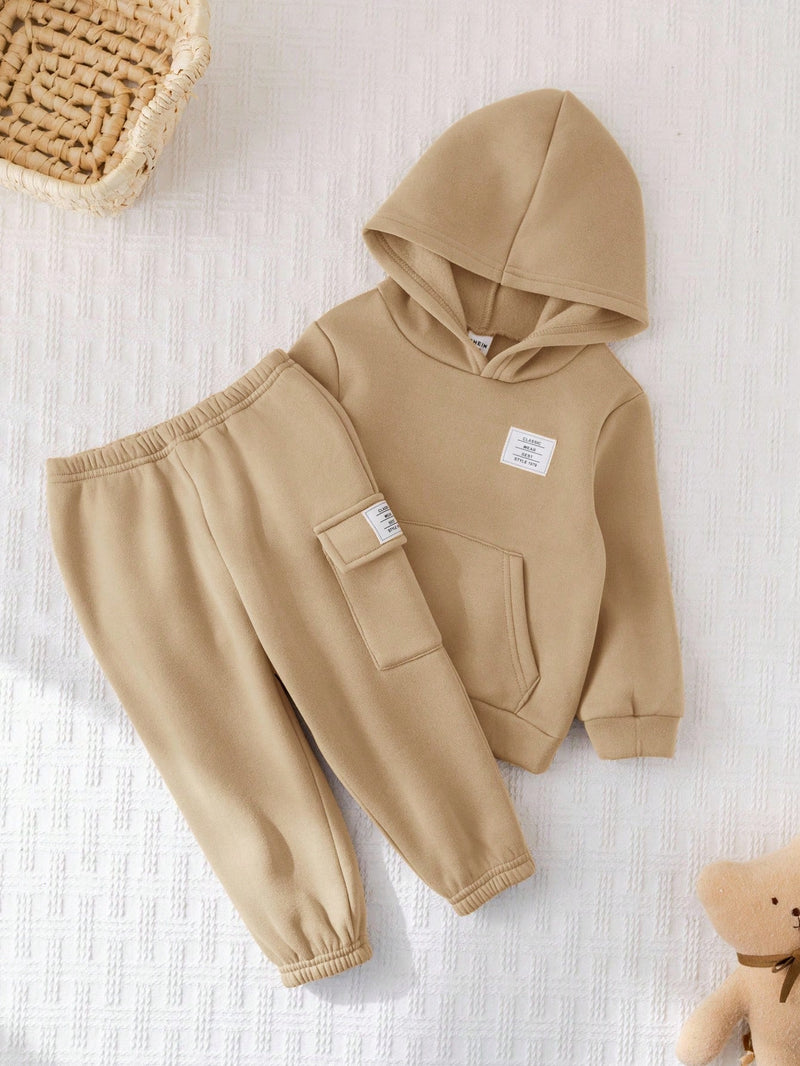 2 Peças Conjunto de Bebê Menino, Moletom com Capuz e Estampa de Letra Casual e Calça Longa de Cintura Elástica, Adequado para Outono/Inverno
