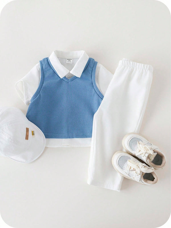 3 peças/Conjunto Menino Bebê Azul e Branco Top Polo de Manga Curta para Verão/Outono, Colete Sólido e Calça, Estilo Cavalheiro Britânico, Macio e Versátil para Festa de Aniversário, Batizado, 1º Aniversário, Eventos, Casamentos