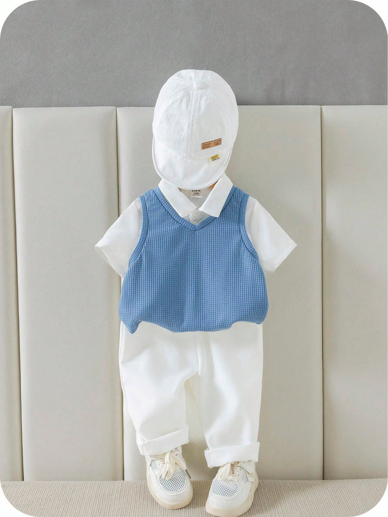 3 peças/Conjunto Menino Bebê Azul e Branco Top Polo de Manga Curta para Verão/Outono, Colete Sólido e Calça, Estilo Cavalheiro Britânico, Macio e Versátil para Festa de Aniversário, Batizado, 1º Aniversário, Eventos, Casamentos