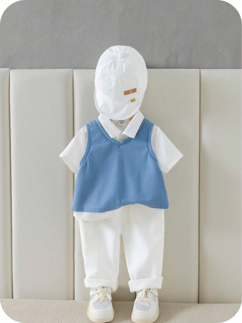 3 peças/Conjunto Menino Bebê Azul e Branco Top Polo de Manga Curta para Verão/Outono, Colete Sólido e Calça, Estilo Cavalheiro Britânico, Macio e Versátil para Festa de Aniversário, Batizado, 1º Aniversário, Eventos, Casamentos