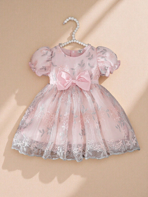 Souflis Souflis Vestido Rodado de Bebê Menina, Primavera, Rosa, Estilo Fofo e Luxuoso em Tecido Tule Fofinho, Decote Redondo, Cintura Abrível com Laço, Adequado para Festa e Reunião