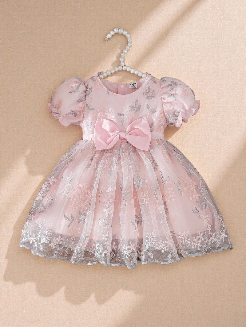 Souflis Souflis Vestido Rodado de Bebê Menina, Primavera, Rosa, Estilo Fofo e Luxuoso em Tecido Tule Fofinho, Decote Redondo, Cintura Abrível com Laço, Adequado para Festa e Reunião