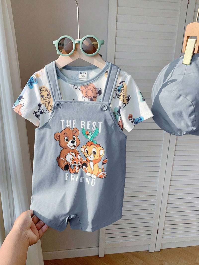 3 peças/Conjunto Bebê Meninos/Meninas Casual Impressão Fofa de Animal Ombro Caído Malha Parte Superior/Camiseta e Shorts com Chapéu, Confortável para Casa, Passeios, Reuniões na Primavera/Verão