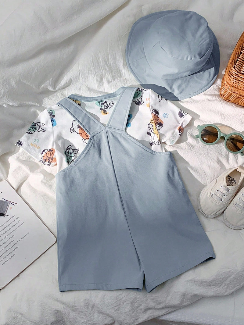 3 peças/Conjunto Bebê Meninos/Meninas Casual Impressão Fofa de Animal Ombro Caído Malha Parte Superior/Camiseta e Shorts com Chapéu, Confortável para Casa, Passeios, Reuniões na Primavera/Verão
