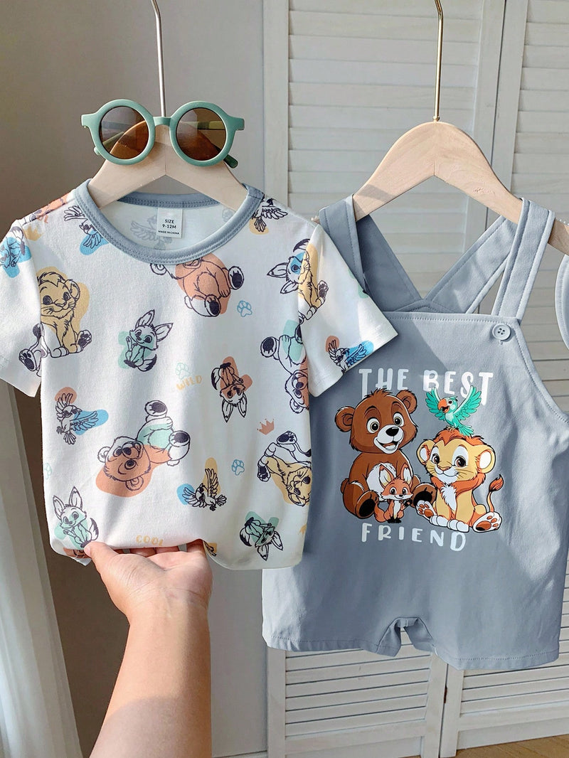 3 peças/Conjunto Bebê Meninos/Meninas Casual Impressão Fofa de Animal Ombro Caído Malha Parte Superior/Camiseta e Shorts com Chapéu, Confortável para Casa, Passeios, Reuniões na Primavera/Verão