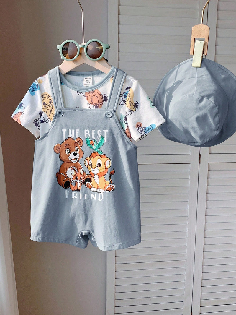 3 peças/Conjunto Bebê Meninos/Meninas Casual Impressão Fofa de Animal Ombro Caído Malha Parte Superior/Camiseta e Shorts com Chapéu, Confortável para Casa, Passeios, Reuniões na Primavera/Verão