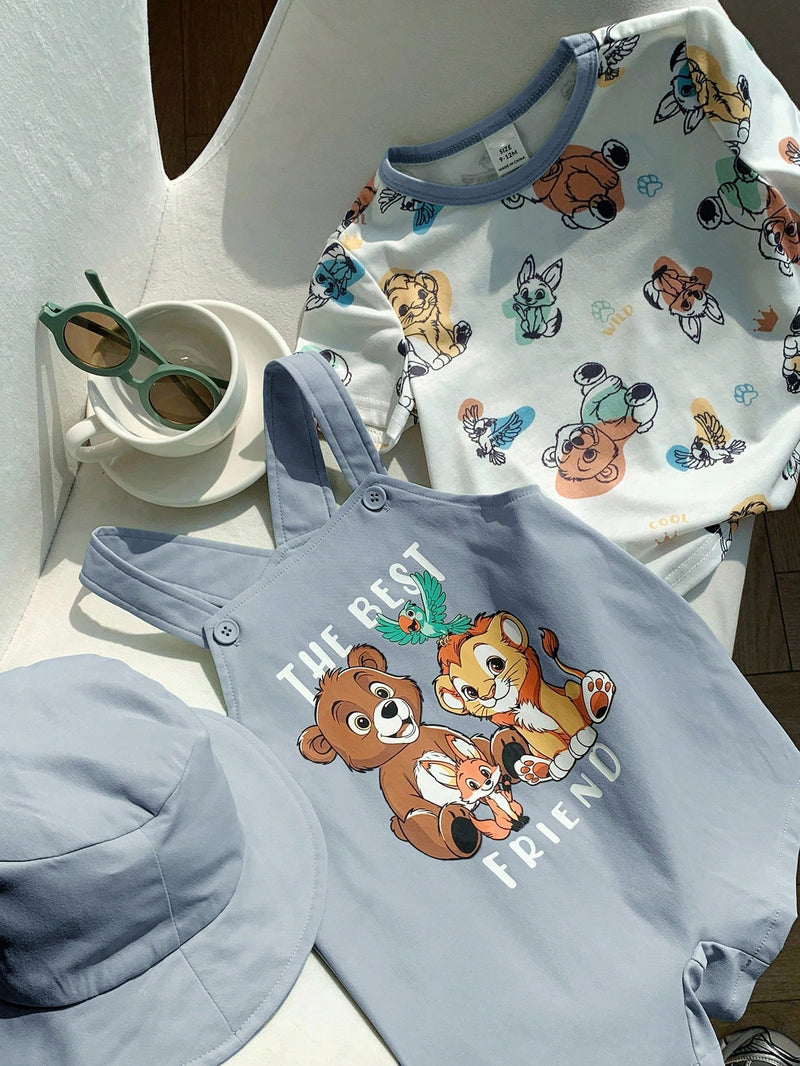 3 peças/Conjunto Bebê Meninos/Meninas Casual Impressão Fofa de Animal Ombro Caído Malha Parte Superior/Camiseta e Shorts com Chapéu, Confortável para Casa, Passeios, Reuniões na Primavera/Verão
