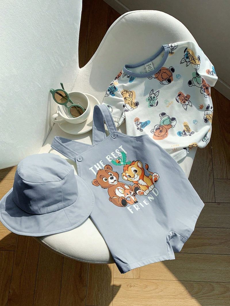 3 peças/Conjunto Bebê Meninos/Meninas Casual Impressão Fofa de Animal Ombro Caído Malha Parte Superior/Camiseta e Shorts com Chapéu, Confortável para Casa, Passeios, Reuniões na Primavera/Verão