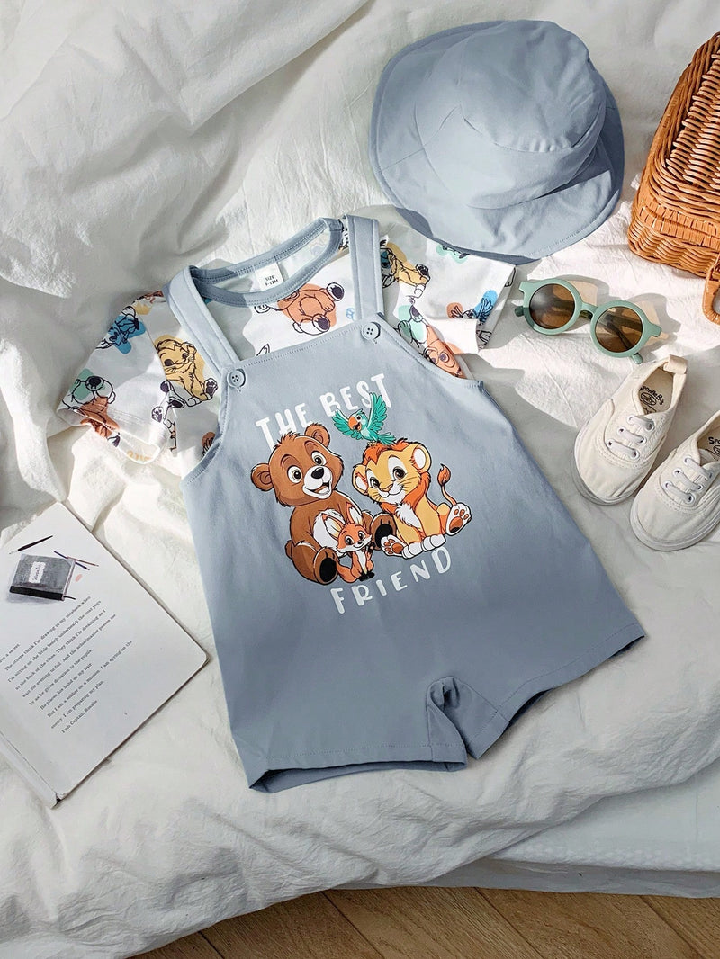 3 peças/Conjunto Bebê Meninos/Meninas Casual Impressão Fofa de Animal Ombro Caído Malha Parte Superior/Camiseta e Shorts com Chapéu, Confortável para Casa, Passeios, Reuniões na Primavera/Verão