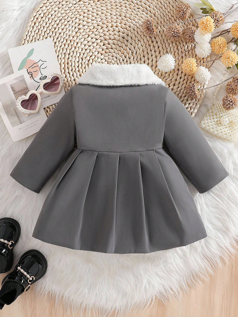 Souflis Souflis Jaqueta Forrada de Fleece para Bebês Meninas com Gola Falsa de Pele e Laço 3D, Casaco Trench para Outono Inverno, Cáqui Marrom