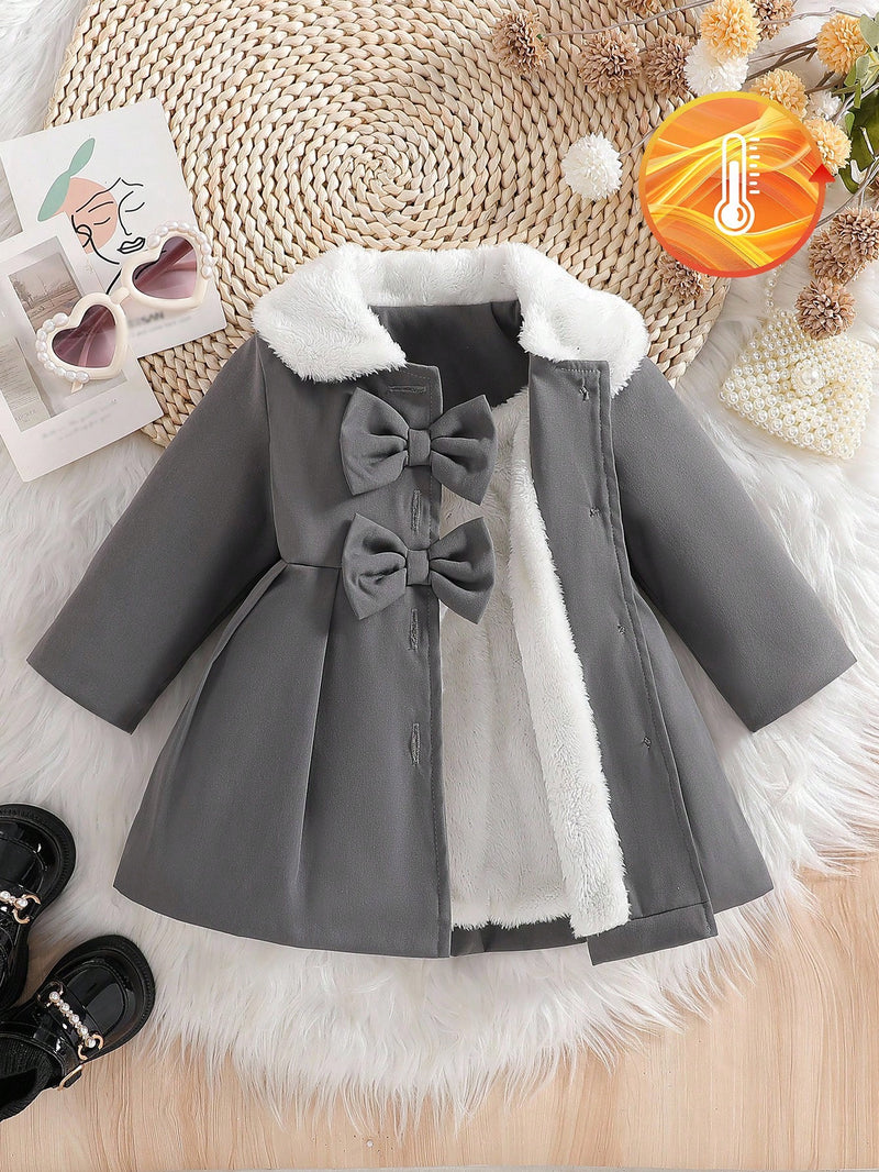 Souflis Souflis Jaqueta Forrada de Fleece para Bebês Meninas com Gola Falsa de Pele e Laço 3D, Casaco Trench para Outono Inverno, Cáqui Marrom