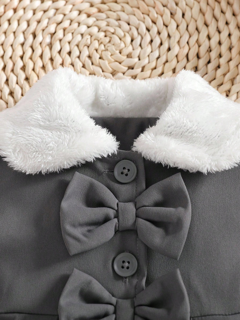Souflis Souflis Jaqueta Forrada de Fleece para Bebês Meninas com Gola Falsa de Pele e Laço 3D, Casaco Trench para Outono Inverno, Cáqui Marrom
