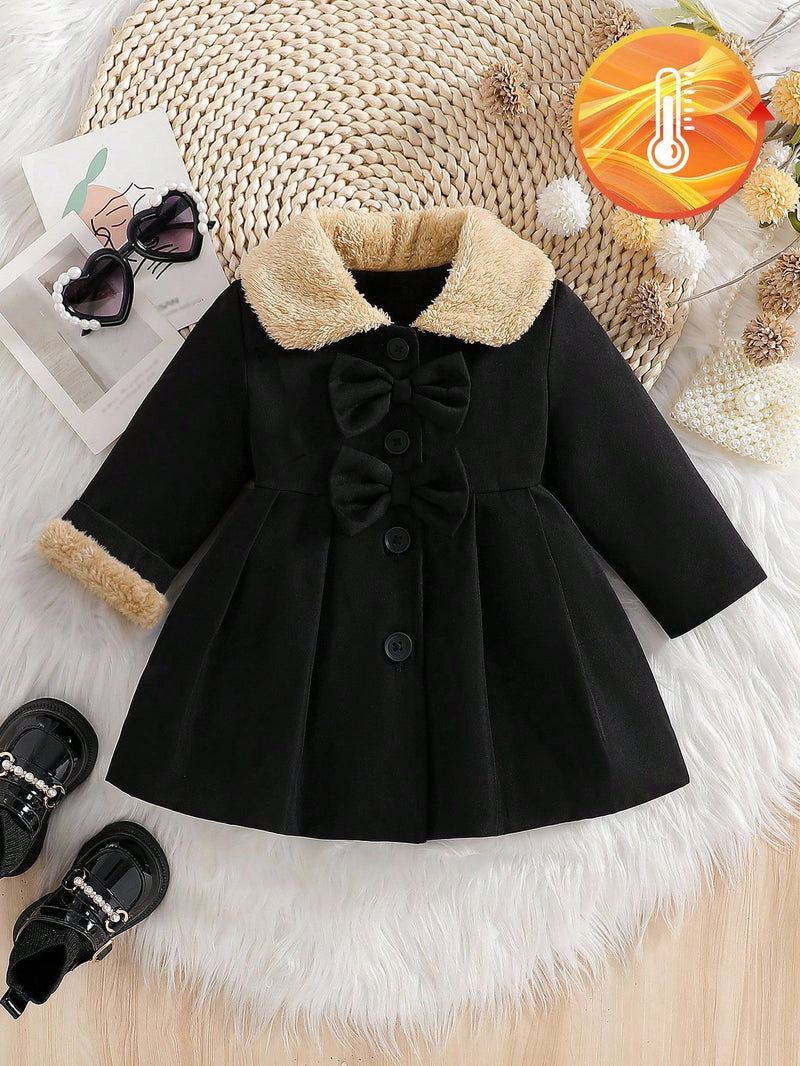 Souflis Souflis Jaqueta Forrada de Fleece para Bebês Meninas com Gola Falsa de Pele e Laço 3D, Casaco Trench para Outono Inverno, Cáqui Marrom