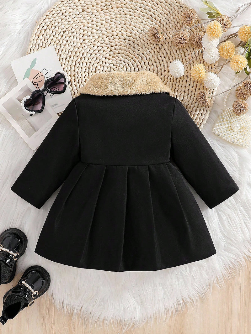 Souflis Souflis Jaqueta Forrada de Fleece para Bebês Meninas com Gola Falsa de Pele e Laço 3D, Casaco Trench para Outono Inverno, Cáqui Marrom
