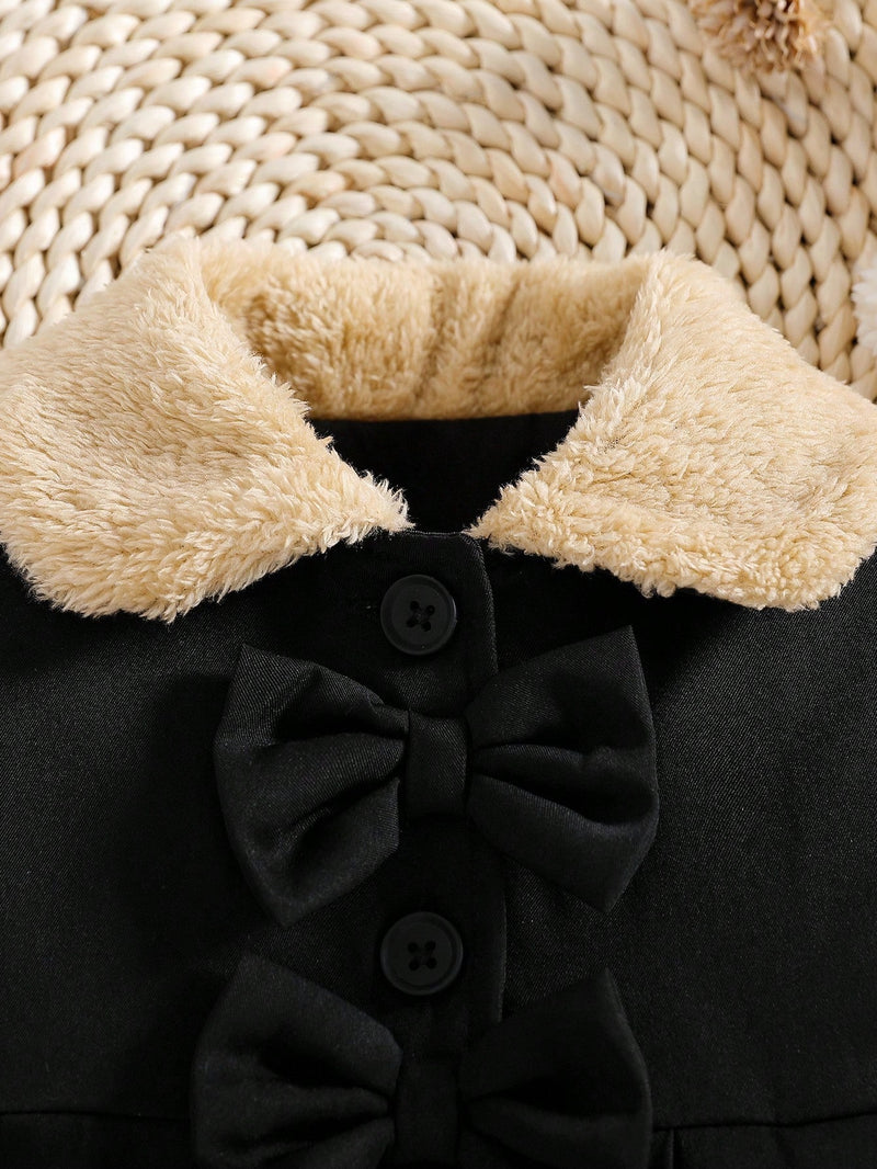 Souflis Souflis Jaqueta Forrada de Fleece para Bebês Meninas com Gola Falsa de Pele e Laço 3D, Casaco Trench para Outono Inverno, Cáqui Marrom