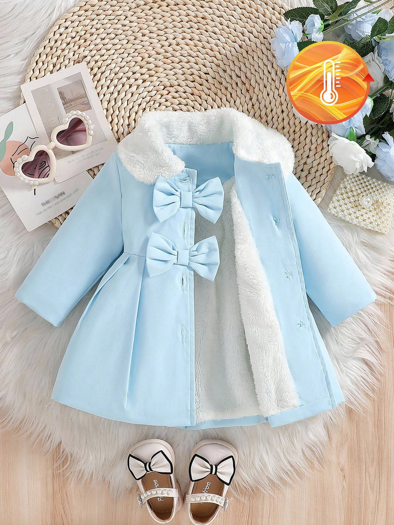 Souflis Souflis Jaqueta Forrada de Fleece para Bebês Meninas com Gola Falsa de Pele e Laço 3D, Casaco Trench para Outono Inverno, Cáqui Marrom