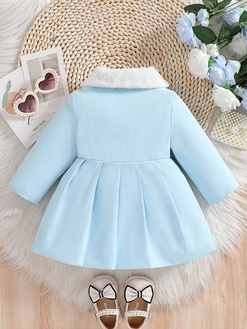 Souflis Souflis Jaqueta Forrada de Fleece para Bebês Meninas com Gola Falsa de Pele e Laço 3D, Casaco Trench para Outono Inverno, Cáqui Marrom