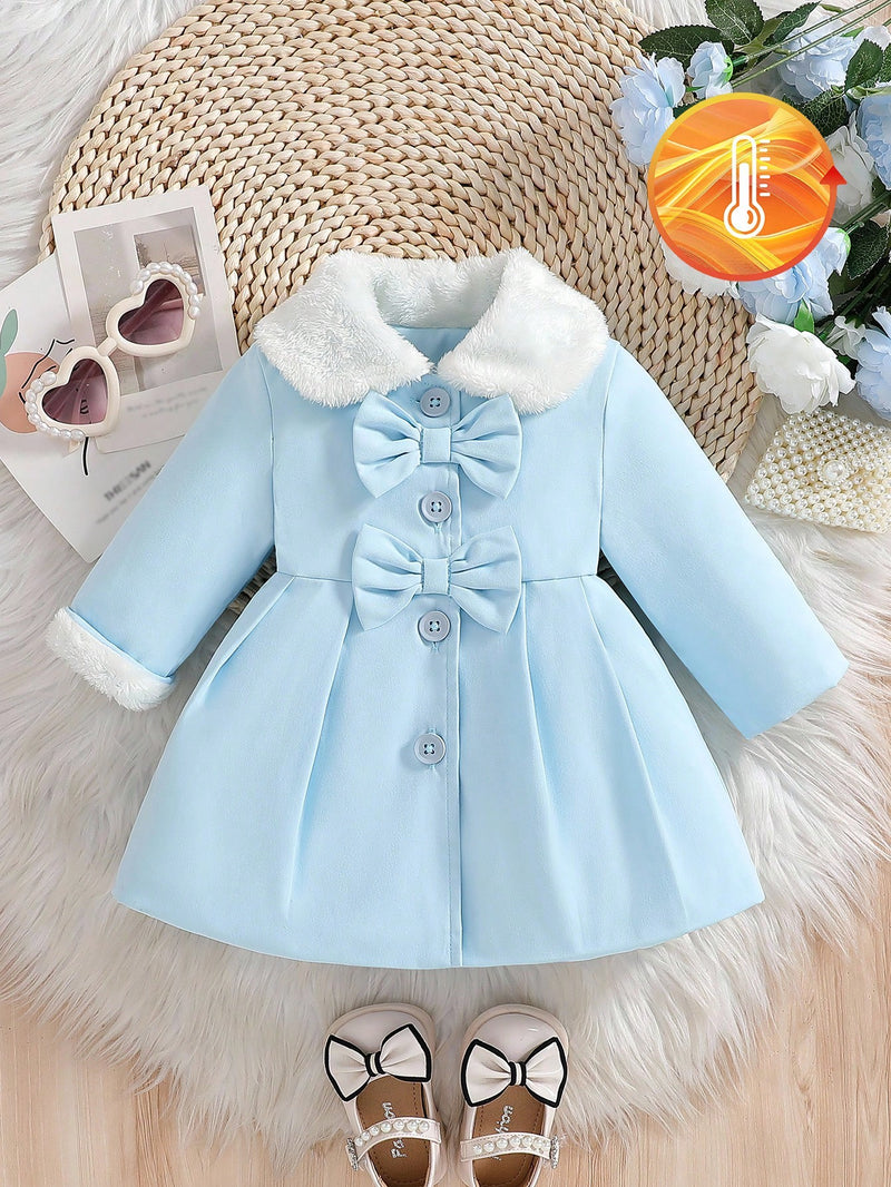 Souflis Souflis Jaqueta Forrada de Fleece para Bebês Meninas com Gola Falsa de Pele e Laço 3D, Casaco Trench para Outono Inverno, Cáqui Marrom