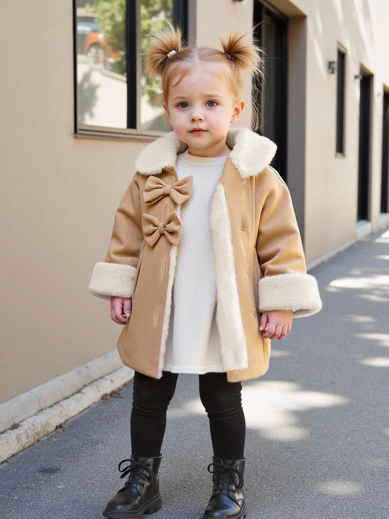 Souflis Souflis Jaqueta Forrada de Fleece para Bebês Meninas com Gola Falsa de Pele e Laço 3D, Casaco Trench para Outono Inverno, Cáqui Marrom