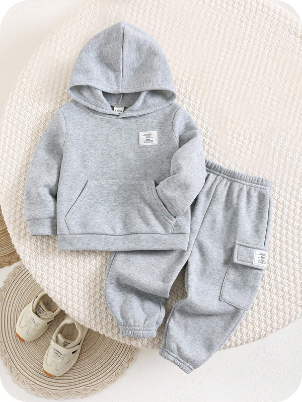 2 Peças Conjunto de Bebê Menino, Moletom com Capuz e Estampa de Letra Casual e Calça Longa de Cintura Elástica, Adequado para Outono/Inverno