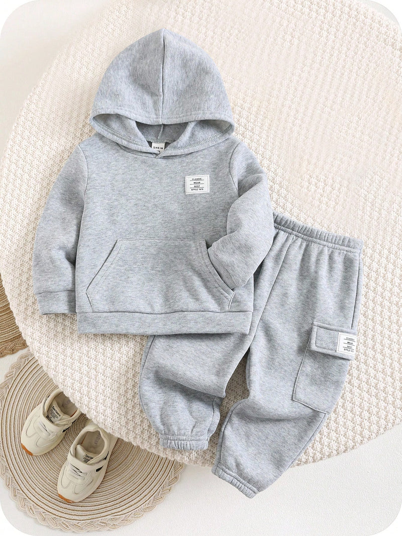 2 Peças Conjunto de Bebê Menino, Moletom com Capuz e Estampa de Letra Casual e Calça Longa de Cintura Elástica, Adequado para Outono/Inverno