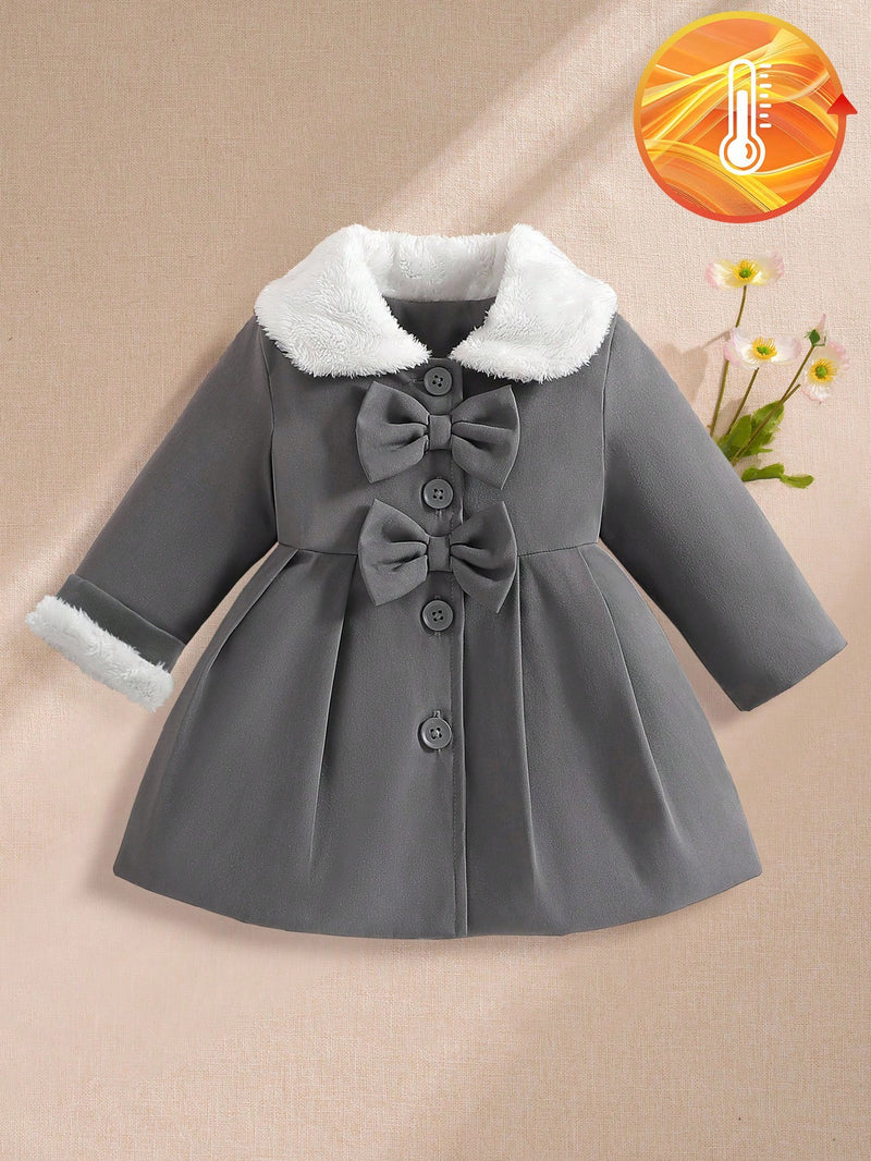 Souflis Souflis Jaqueta Forrada de Fleece para Bebês Meninas com Gola Falsa de Pele e Laço 3D, Casaco Trench para Outono Inverno, Cáqui Marrom