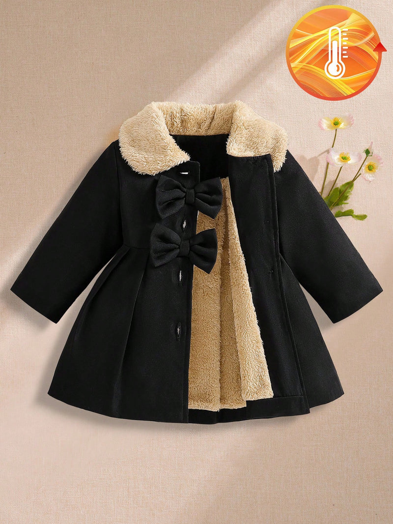 Souflis Souflis Jaqueta Forrada de Fleece para Bebês Meninas com Gola Falsa de Pele e Laço 3D, Casaco Trench para Outono Inverno, Cáqui Marrom