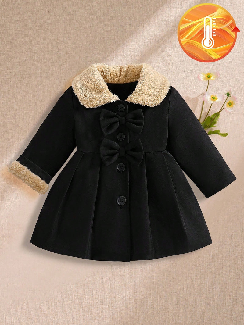Souflis Souflis Jaqueta Forrada de Fleece para Bebês Meninas com Gola Falsa de Pele e Laço 3D, Casaco Trench para Outono Inverno, Cáqui Marrom