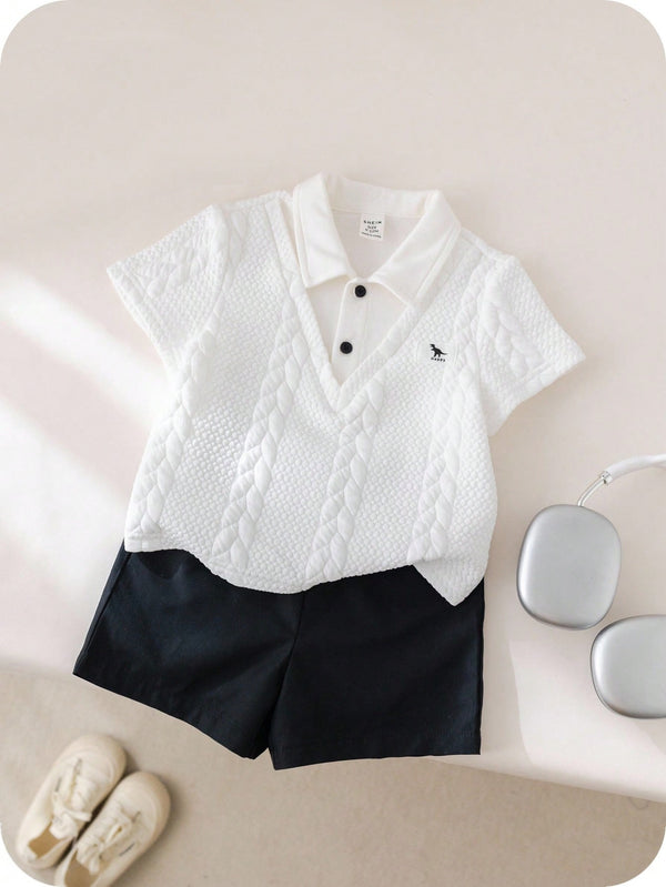 Conjunto de 2 peças Top Polo Fofa e Shorts de Cintura Elástica para Bebê Menino, Primavera/Verão, Adequado para Festa de Aniversário, Evento da Noite, Apresentação, Casamento, Chá de Bebê, Batizado, Comemoração do Primeiro Aniversário