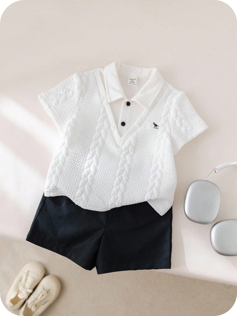 Conjunto de 2 peças Top Polo Fofa e Shorts de Cintura Elástica para Bebê Menino, Primavera/Verão, Adequado para Festa de Aniversário, Evento da Noite, Apresentação, Casamento, Chá de Bebê, Batizado, Comemoração do Primeiro Aniversário