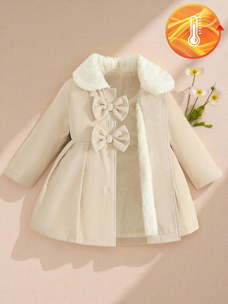 Souflis Souflis Jaqueta Forrada de Fleece para Bebês Meninas com Gola Falsa de Pele e Laço 3D, Casaco Trench para Outono Inverno, Cáqui Marrom