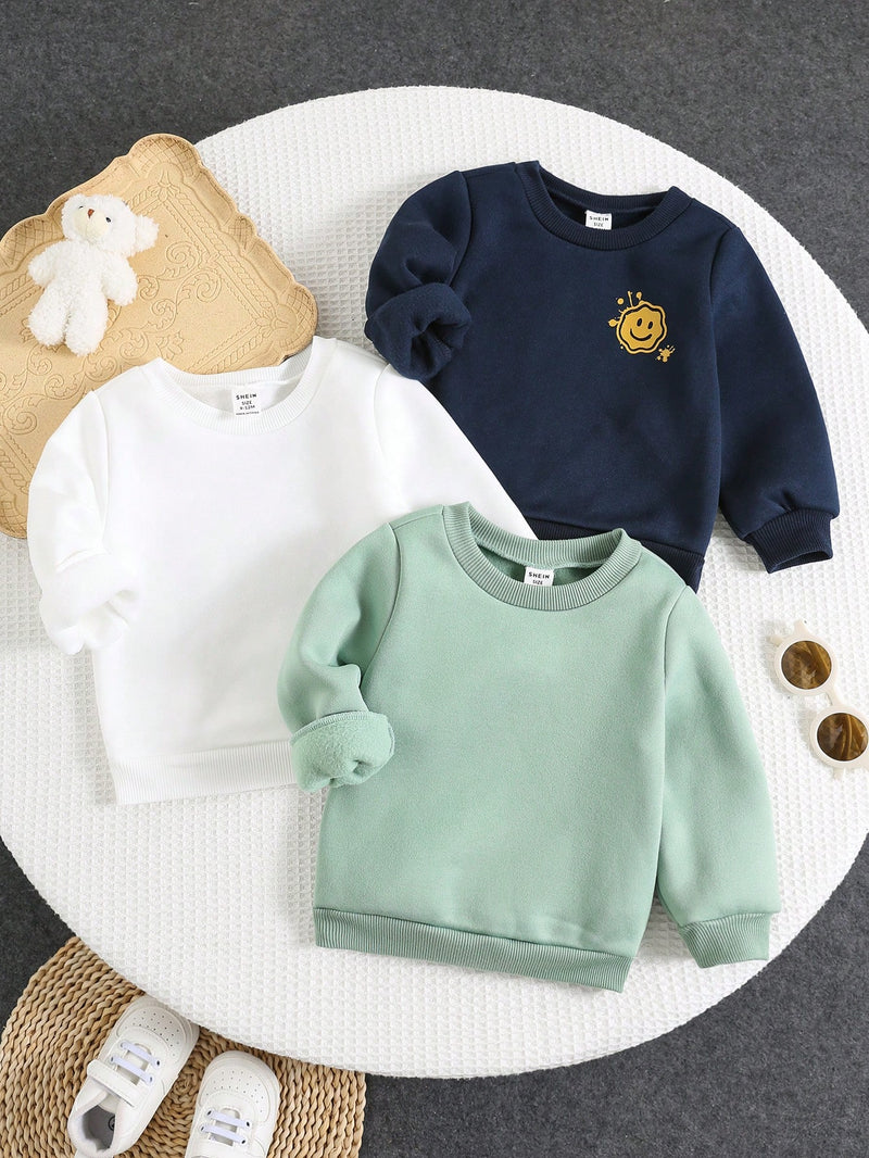 3 peças Suéteres All-Match para Bebê Menino com Padrão de Rosto de Desenho Animado Fofo em Preto, Branco e Caqui, Adequado para Primavera, Outono e Inverno